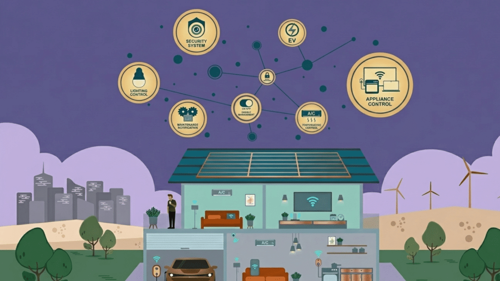 smart home energy management system with connected devices solar panels appliance control and ev charging network