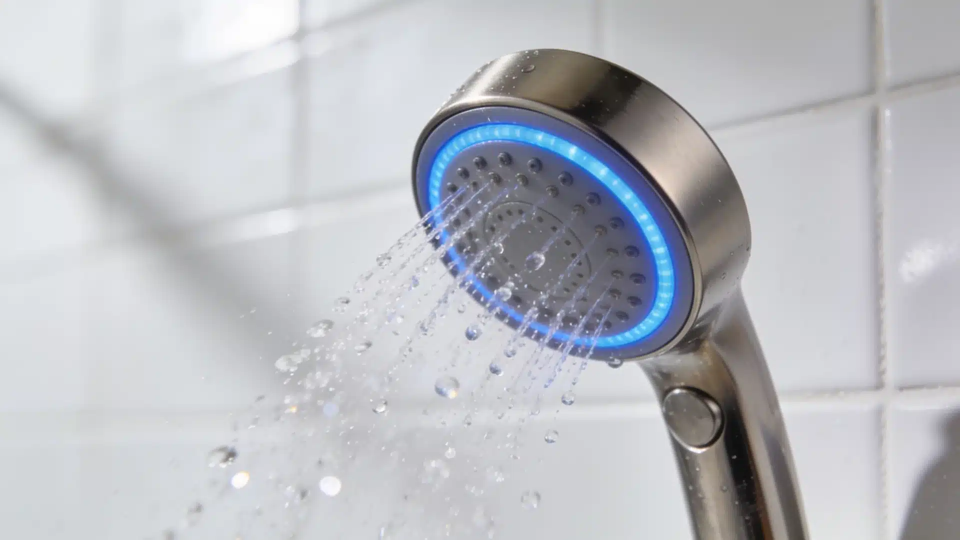 Smart showerhead with LED temperature indicator in blue, spraying water in a clean tiled shower