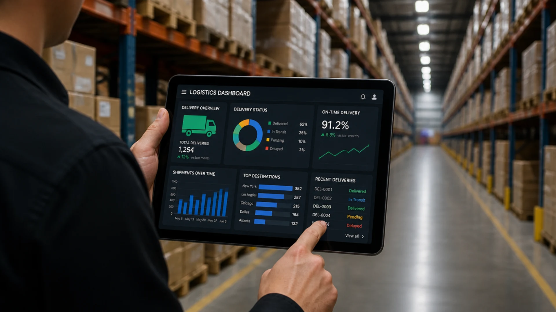 Smart warehousing dashboard on tablet in warehouse aisle