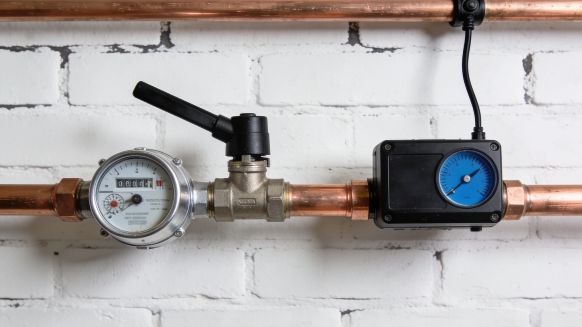 Smart water shutoff valve installed on copper pipe with pressure gauge