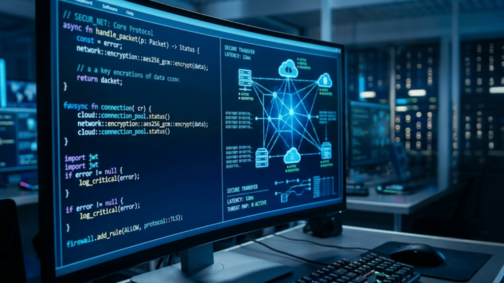 software developer monitoring cybersecurity dashboard with encrypted network connections
