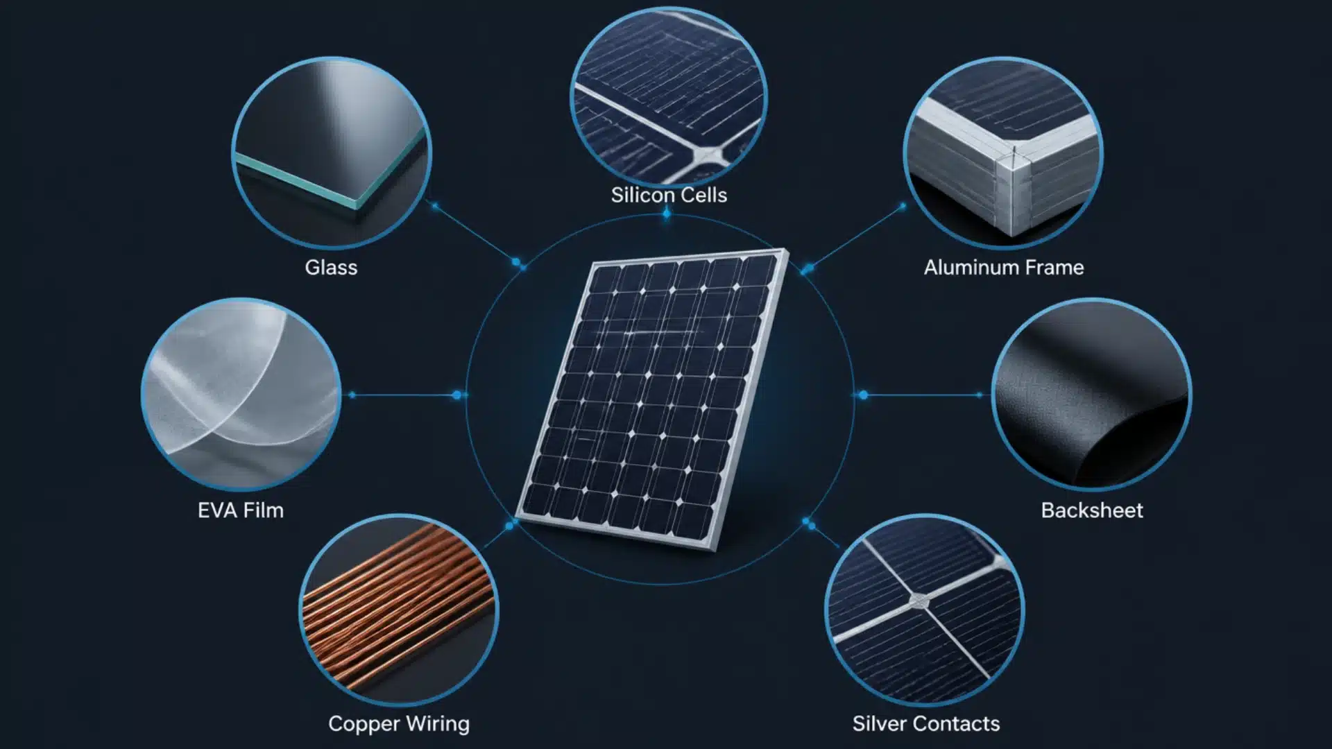 Solar panel materials diagram with glass, silicon cells, frame, wiring, EVA film, and backsheet