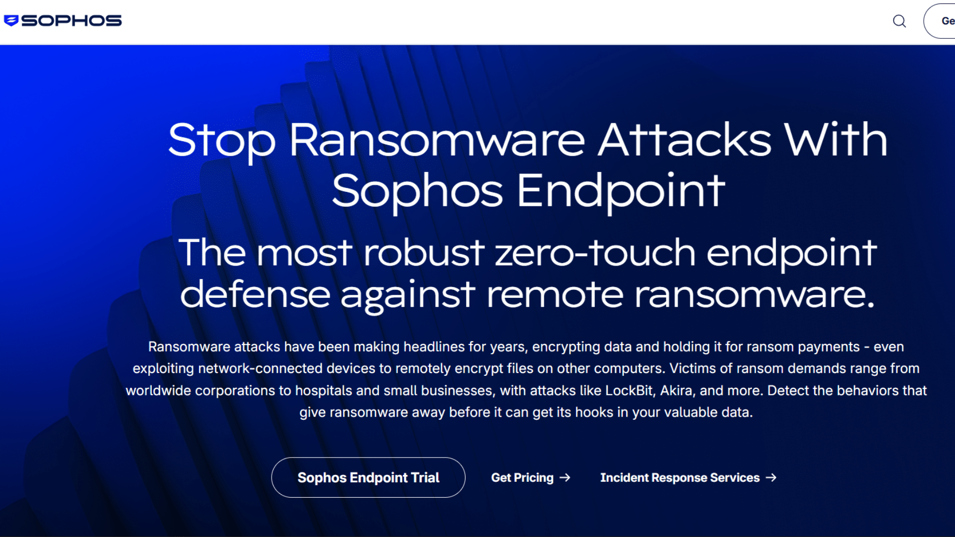 sophos endpoint security page promoting ransomware protection solutions
