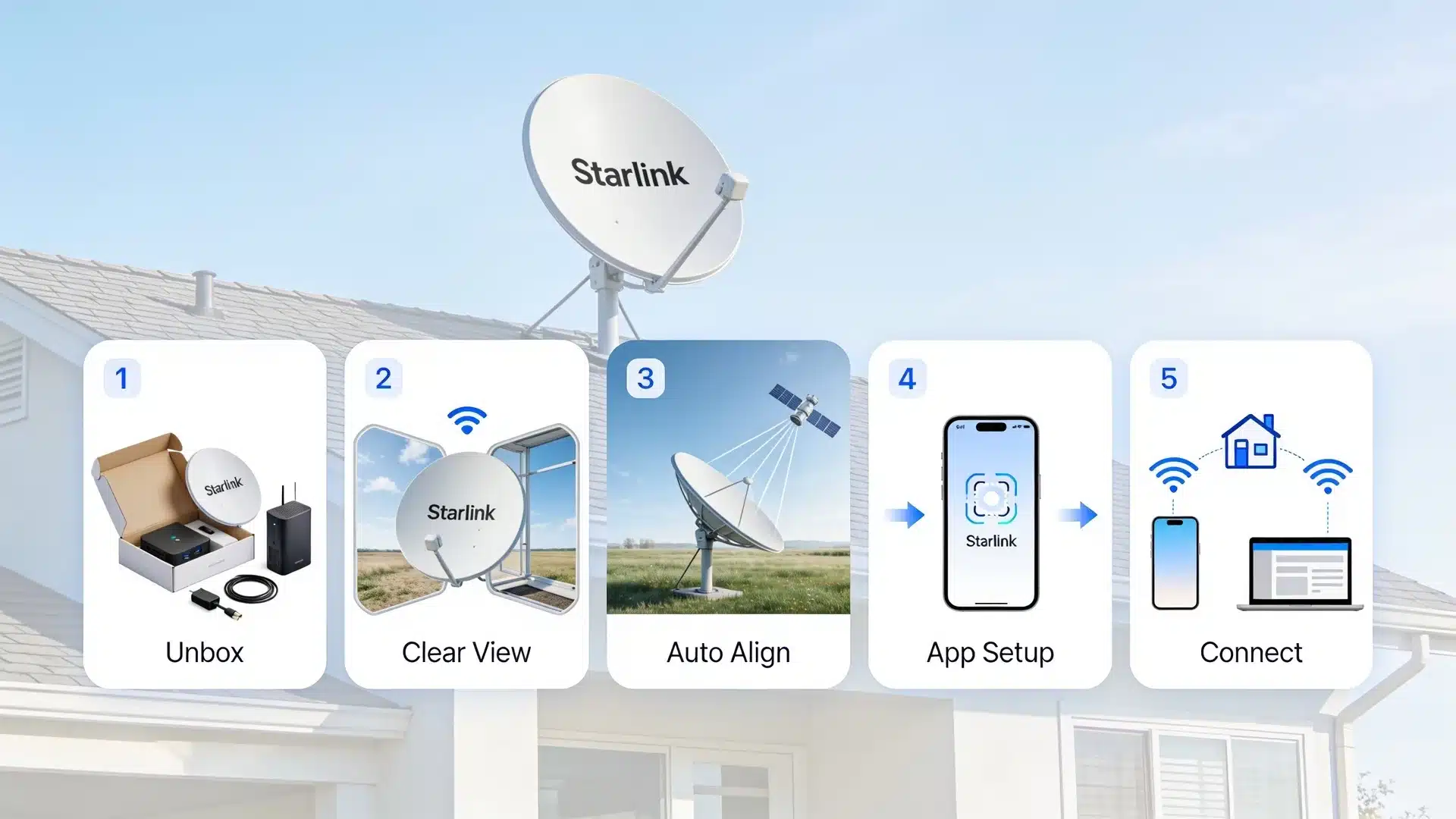 Starlink installation steps infographic with rooftop dish, app setup, clear view, and Wi-Fi connection