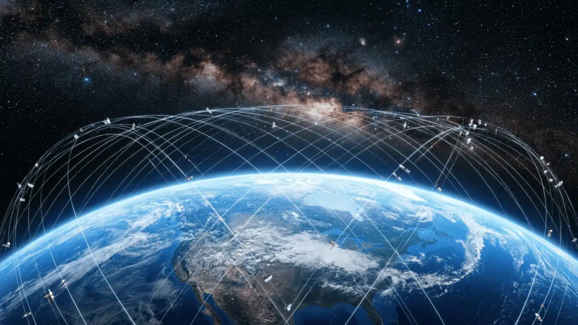 Starlink satellite constellation network orbiting Earth with connection arcs showing global internet coverage