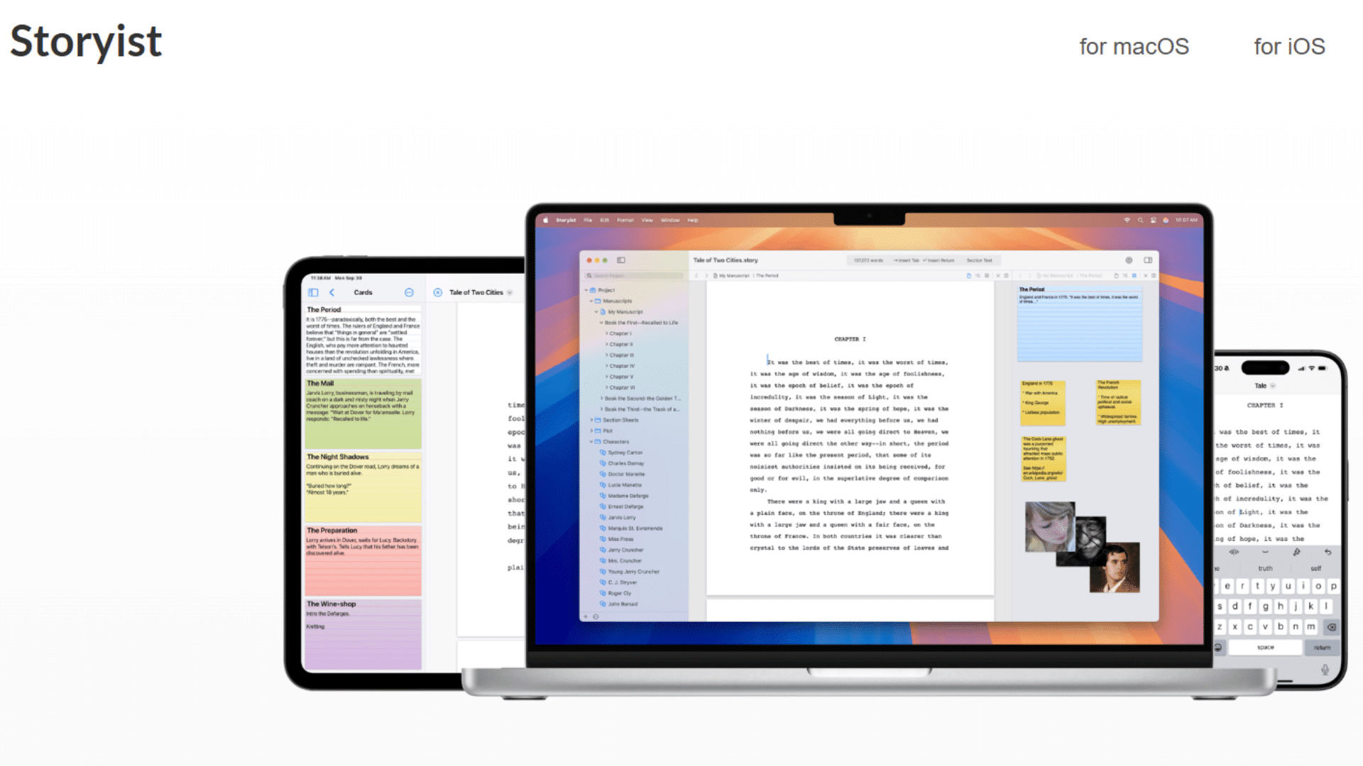 storyist homepage displaying novel writing software with manuscript organization outlining tools and cross device writing features for authors