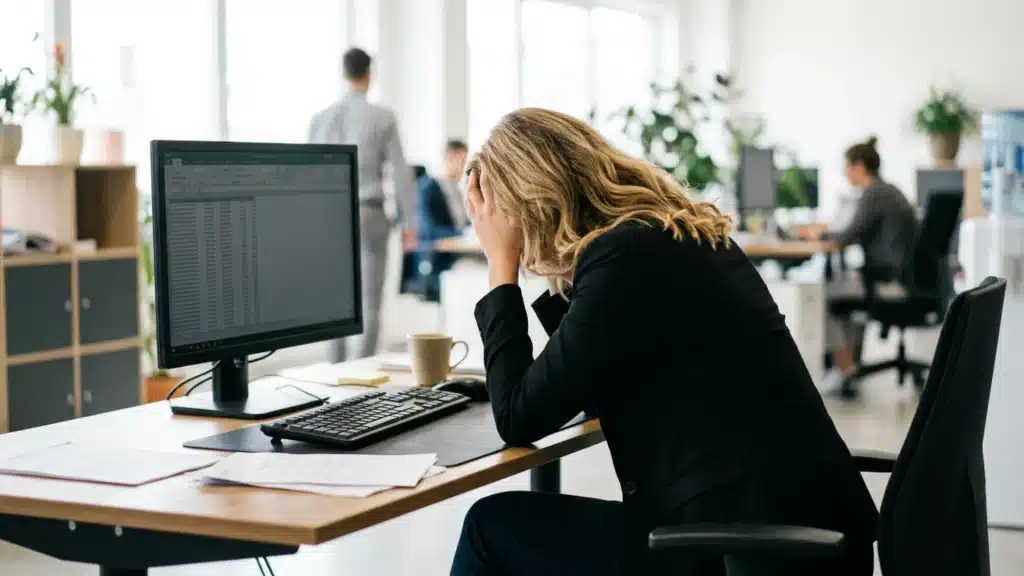 Stressed businesswoman sits at her office desk holding her head in her hands in front of a computer