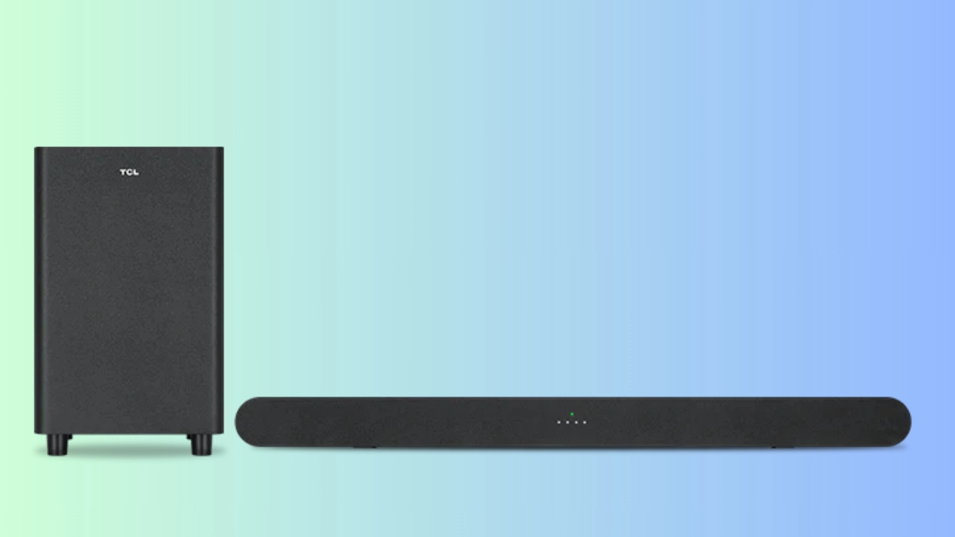 TCL Alto 6+ soundbar and wireless subwoofer on a simple blue background designed to improve TV audio performance