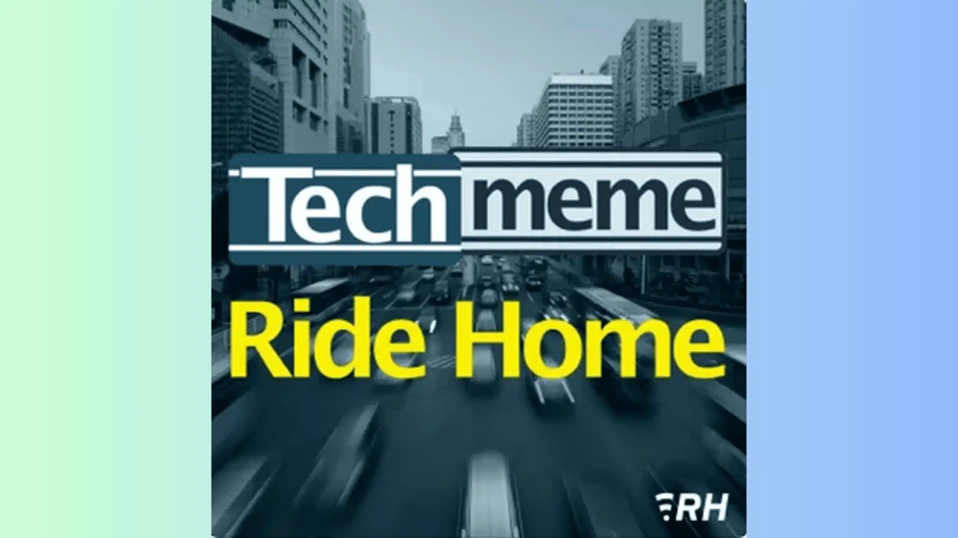 Techmeme Ride Home podcast cover featuring city traffic, urban skyline, and daily technology news branding