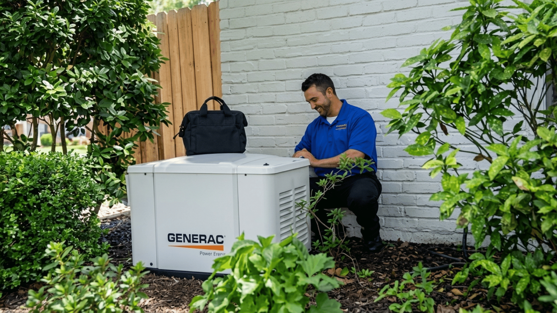technician inspecting a generac standby generator installed beside a landscaped residential home