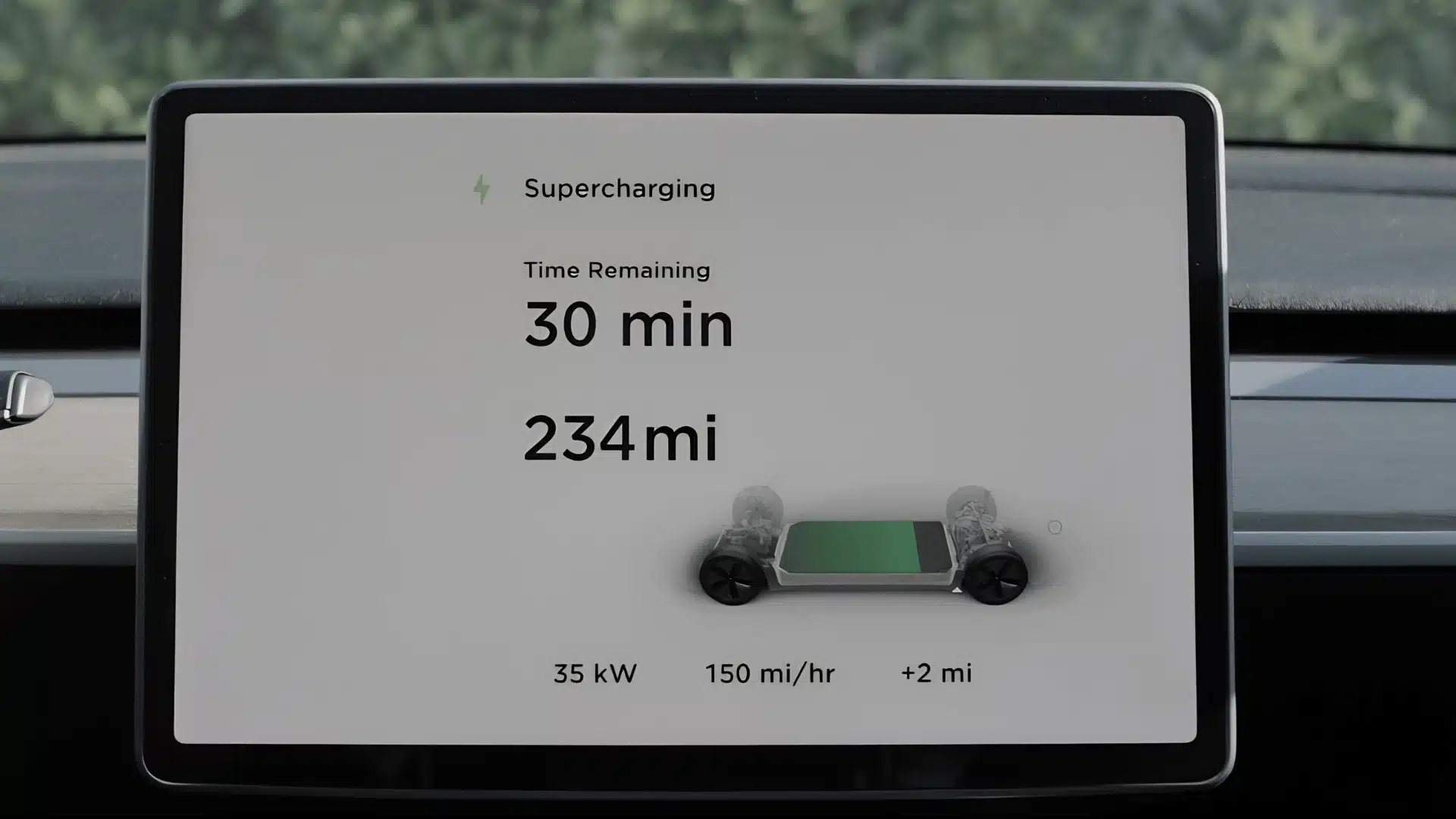 Tesla screen showing Supercharging status with 30 minutes remaining and 234 miles range