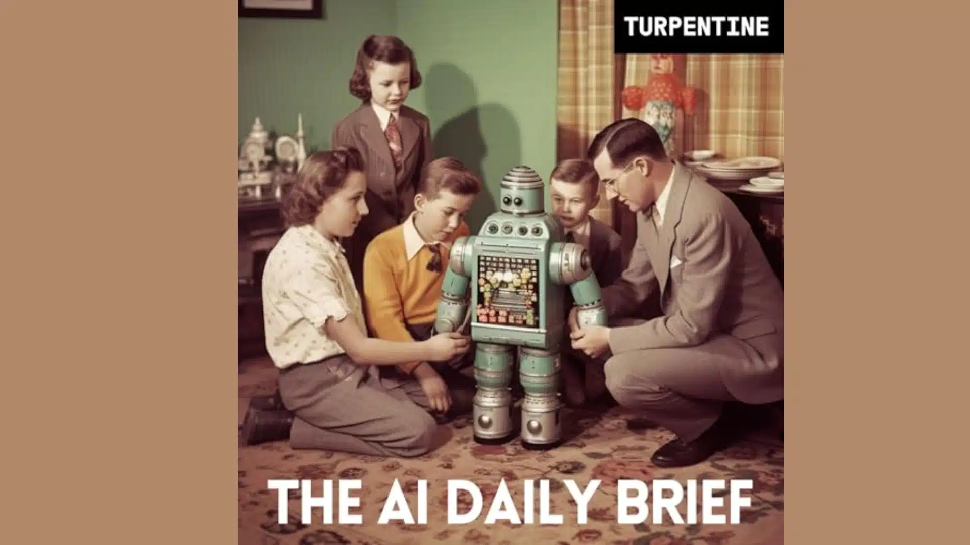 The AI Daily Brief podcast cover showing a family gathered around a robot
