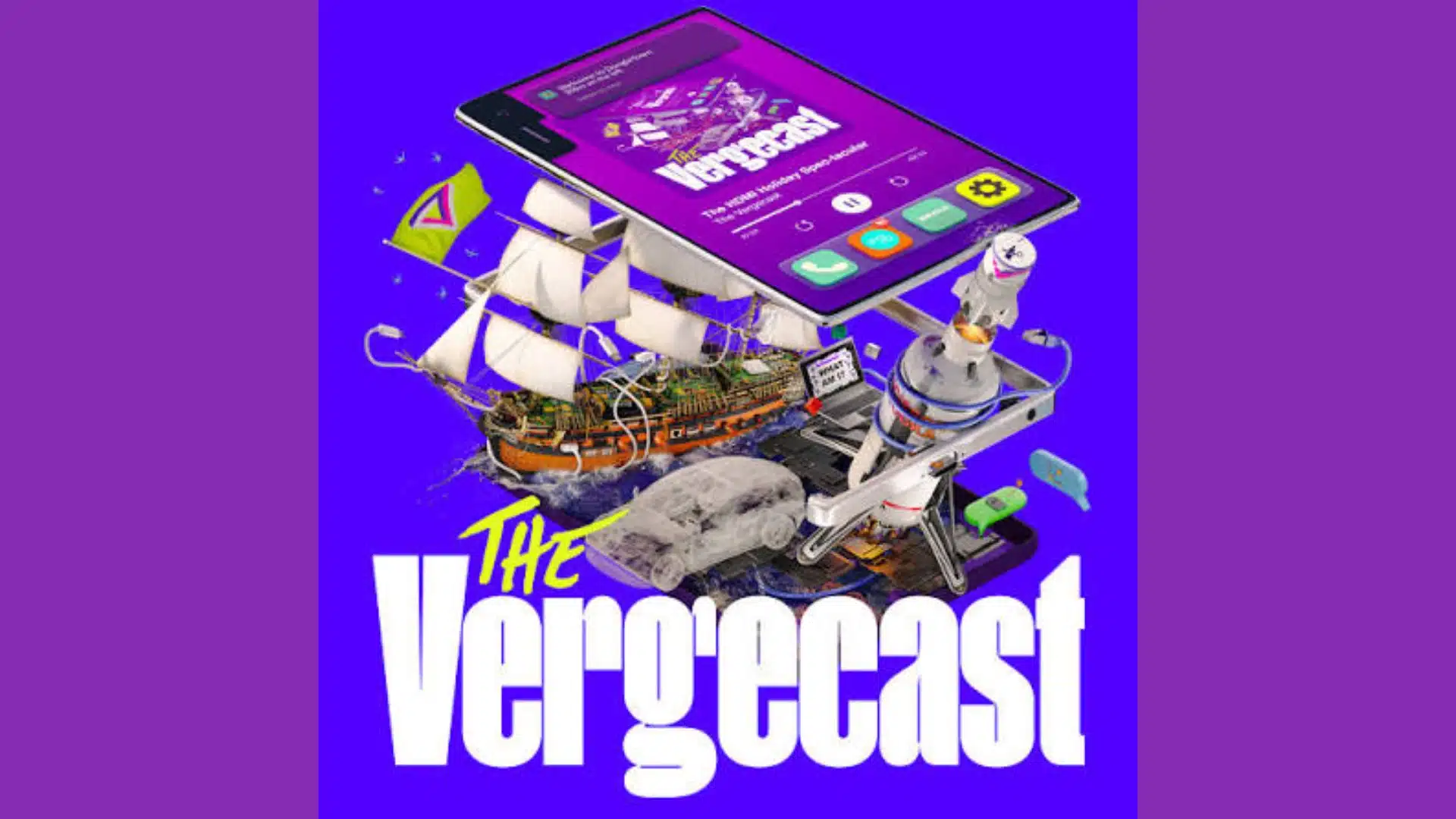 The Vergecast podcast cover art with a phone, ship, rocket, and gadgets on a purple background