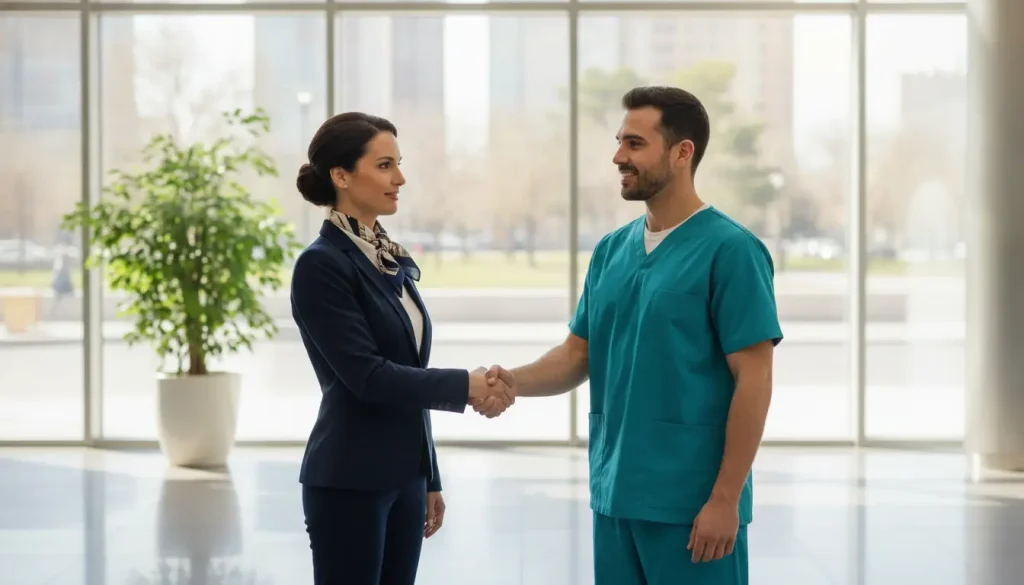 Businesswoman and healthcare professional shaking hands in bright, modern office lobby