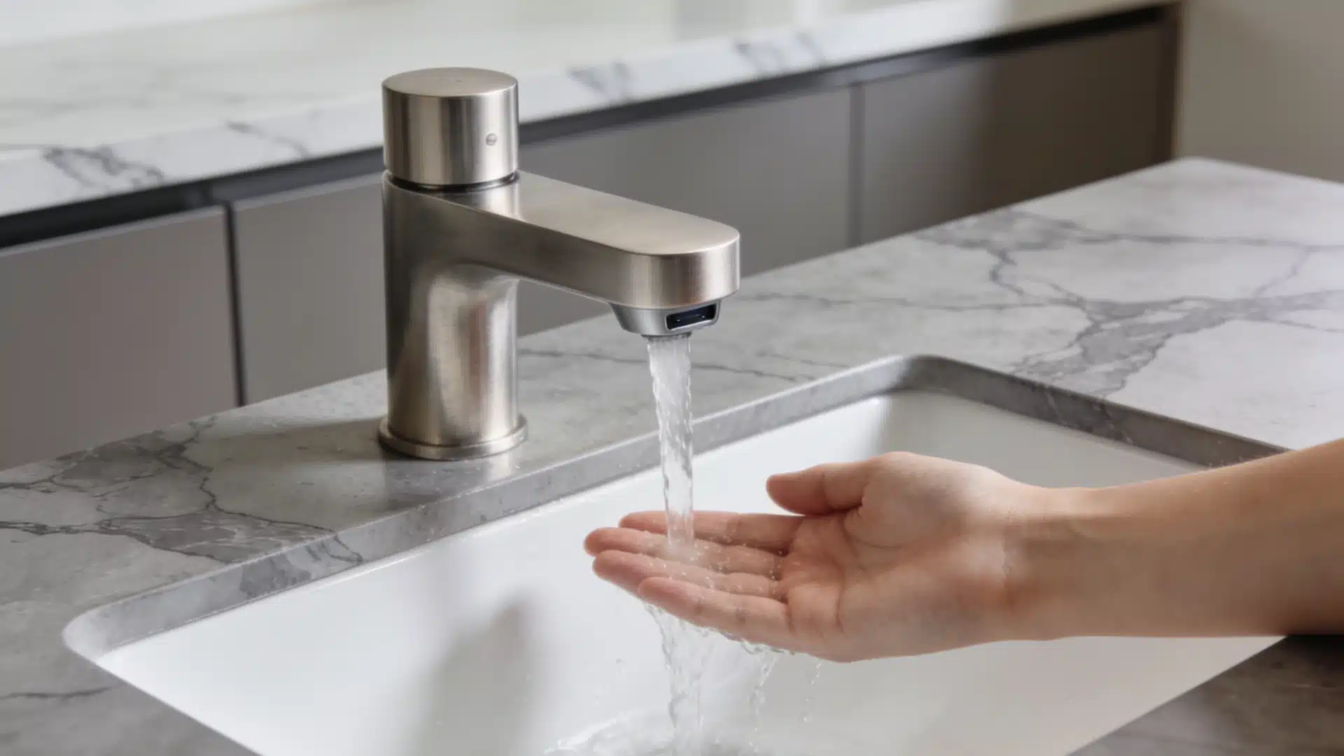 Touchless bathroom faucet activating via motion sensor over a marble undermount sink