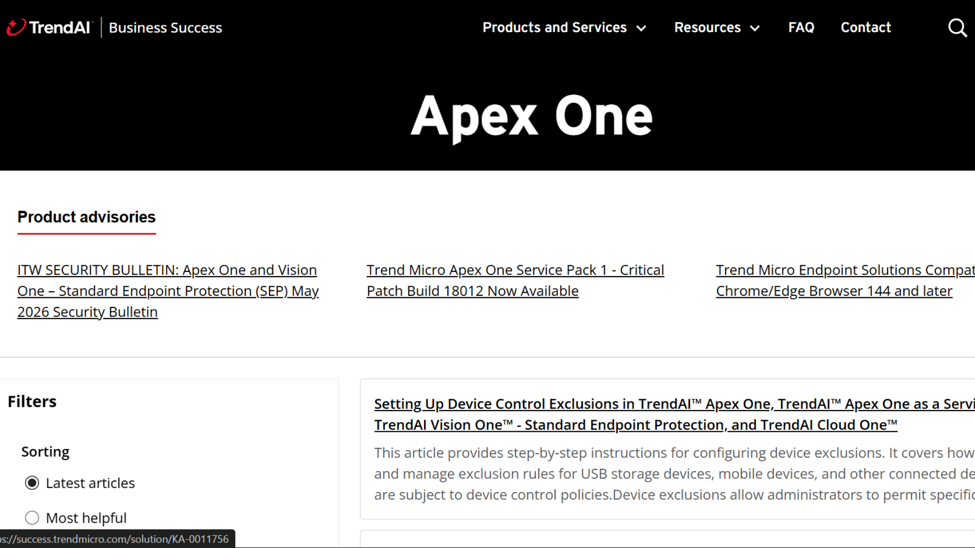 trend micro apex one page displaying endpoint security product resources