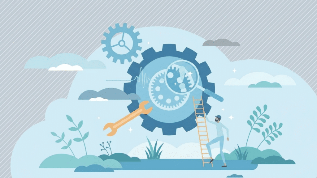 troubleshooting process illustration with gears tools and technician inspecting system performance and repairs