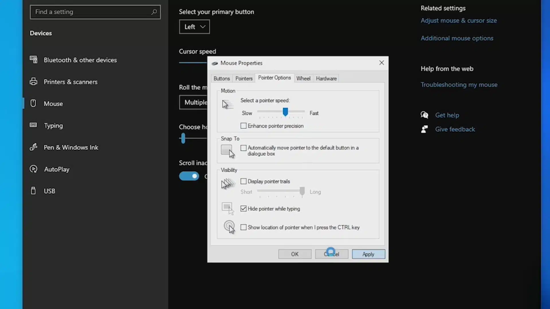 Turn off Enhance Pointer Precision in Mouse Properties Pointer Options on Windows 10