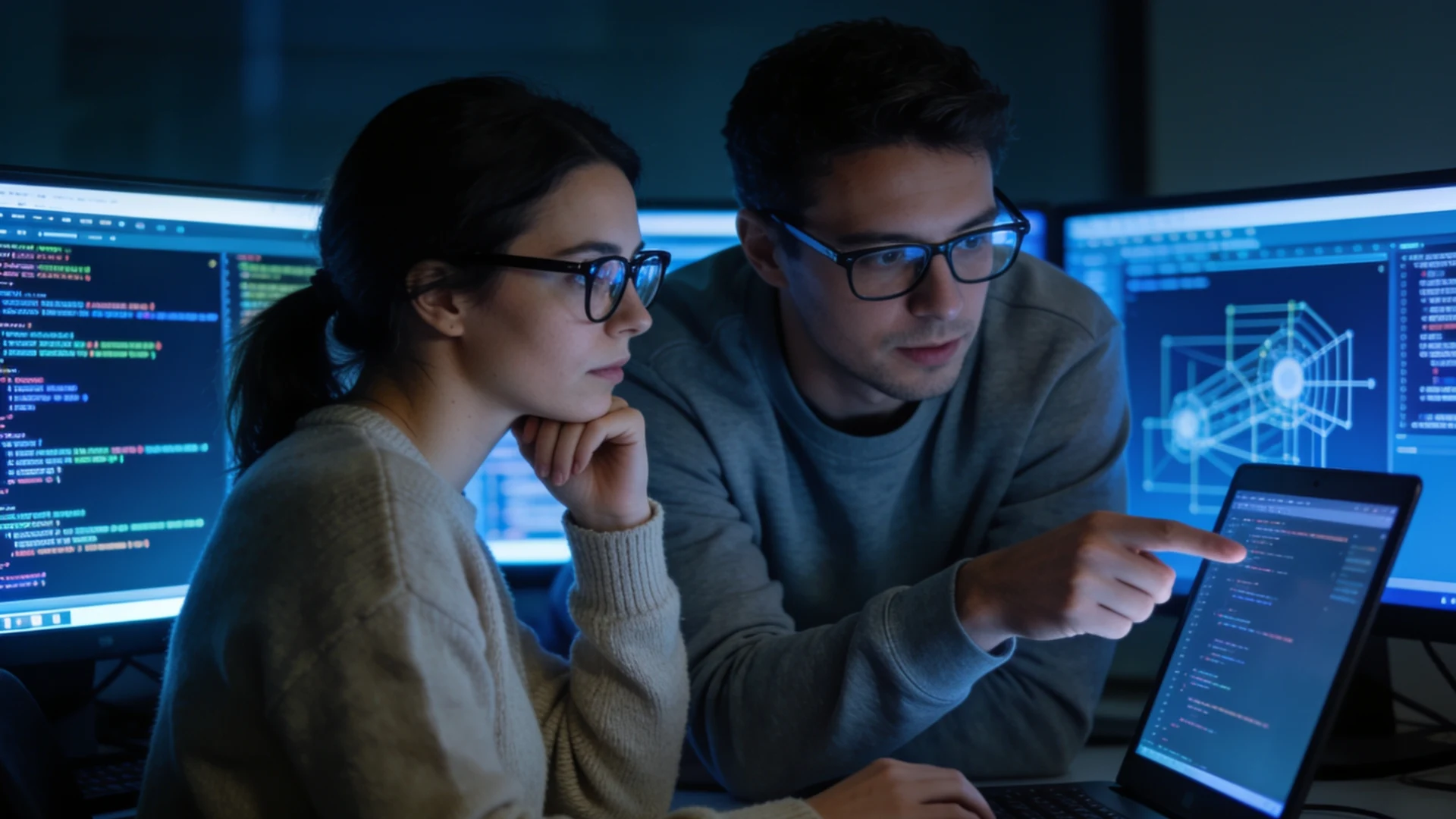 Two developers reviewing code and digital system visuals on multiple screens