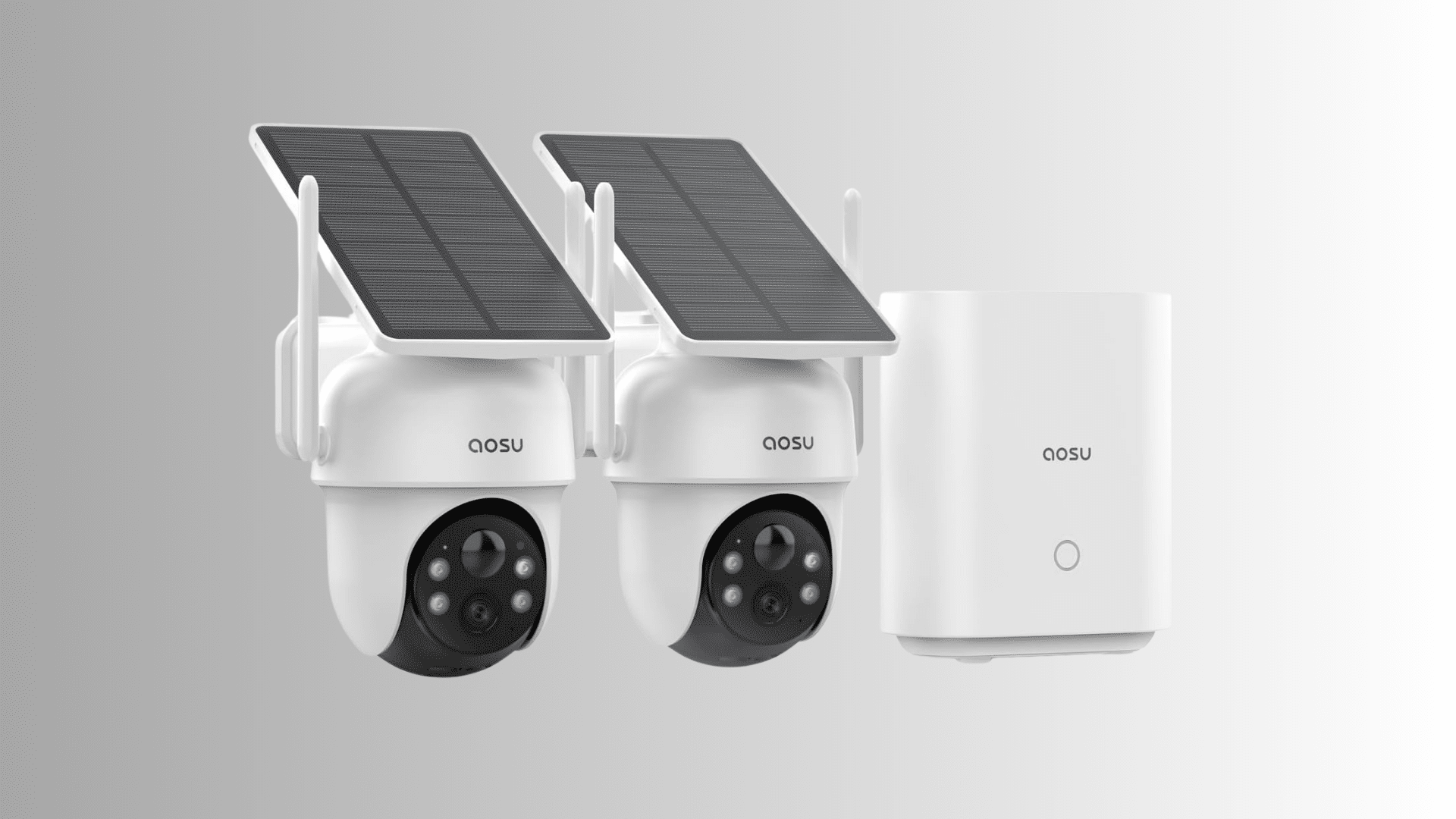 two solar powered security cameras with antennas beside a white base station