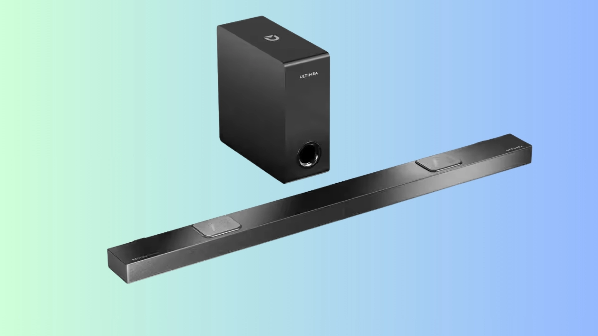 Ultimea Nova S70 soundbar with wireless subwoofer on a soft blue background for bigger movie sound