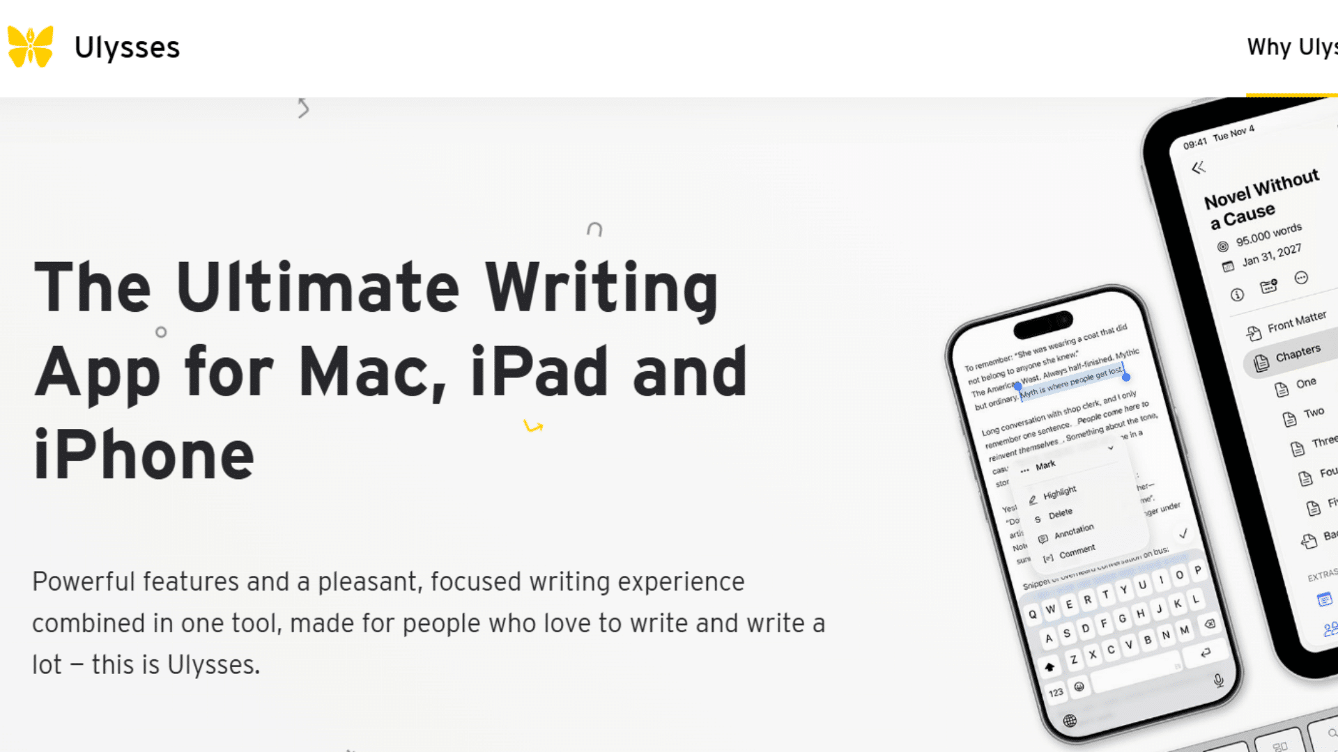 ulysses homepage promoting distraction free writing software for mac ipad and iphone with seamless device synchronization features