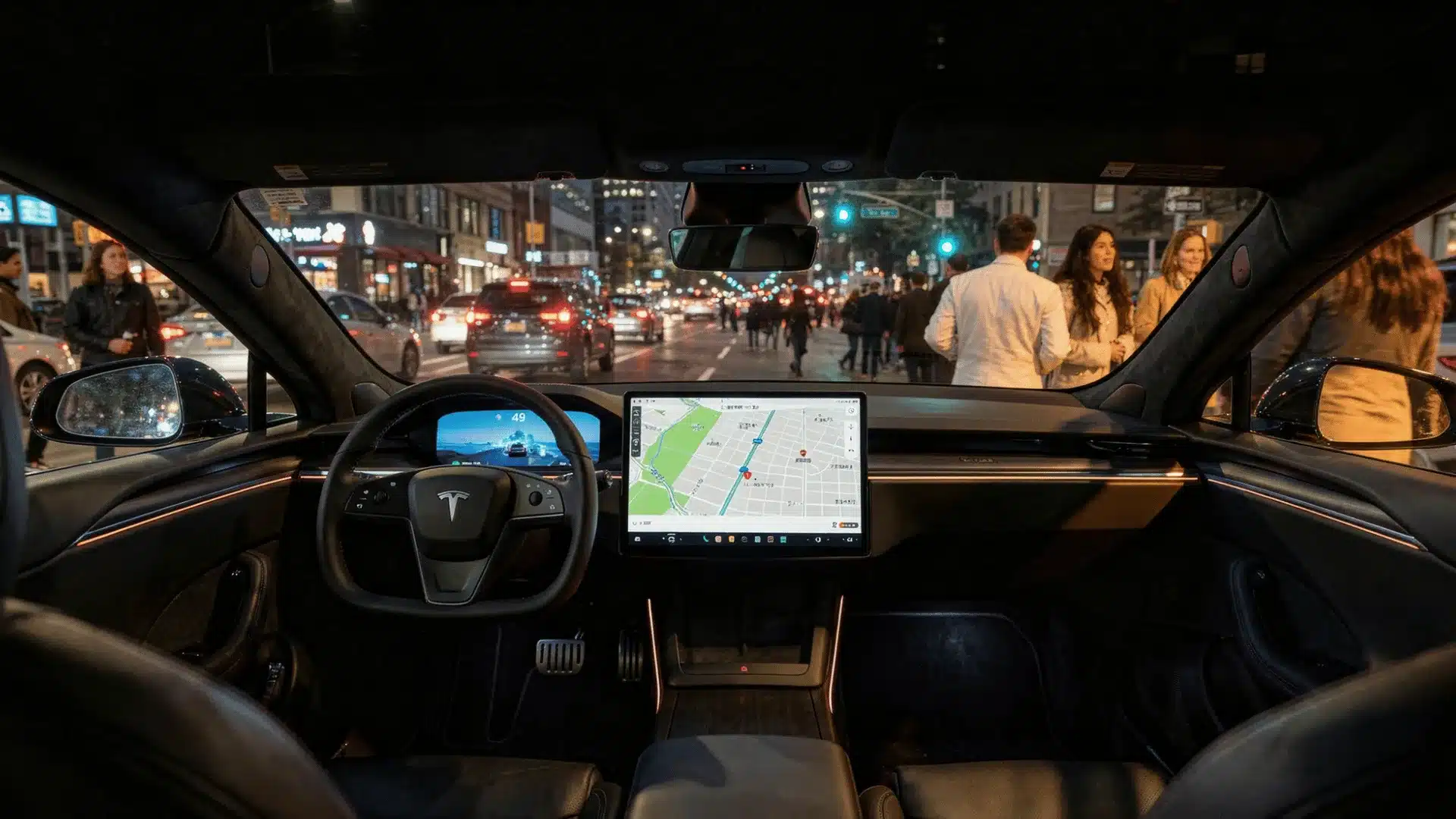 View from inside a Tesla car at night, showing the dashboard, steering wheel, digital displays, and a city street filled with people and cars
