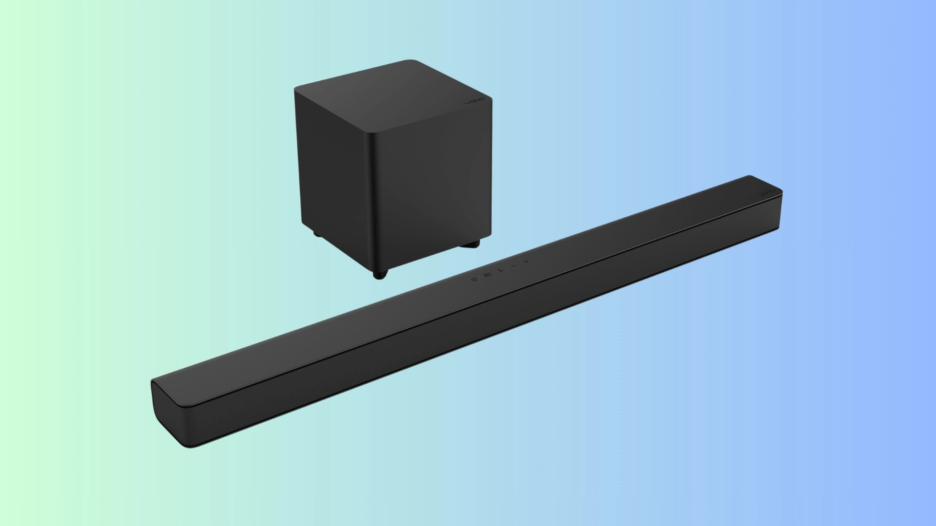 Vizio V21-J8 soundbar with wireless subwoofer on a soft blue background for deeper bass and clearer TV audio