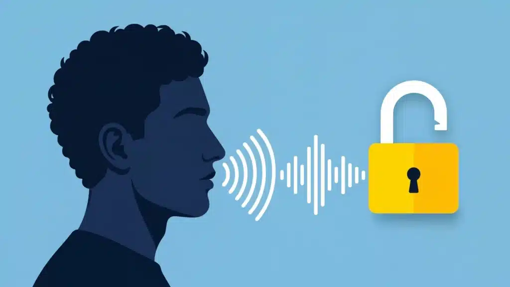 Voice biometric authentication illustration showing a person speaking, voice waves, and a digital security lock icon