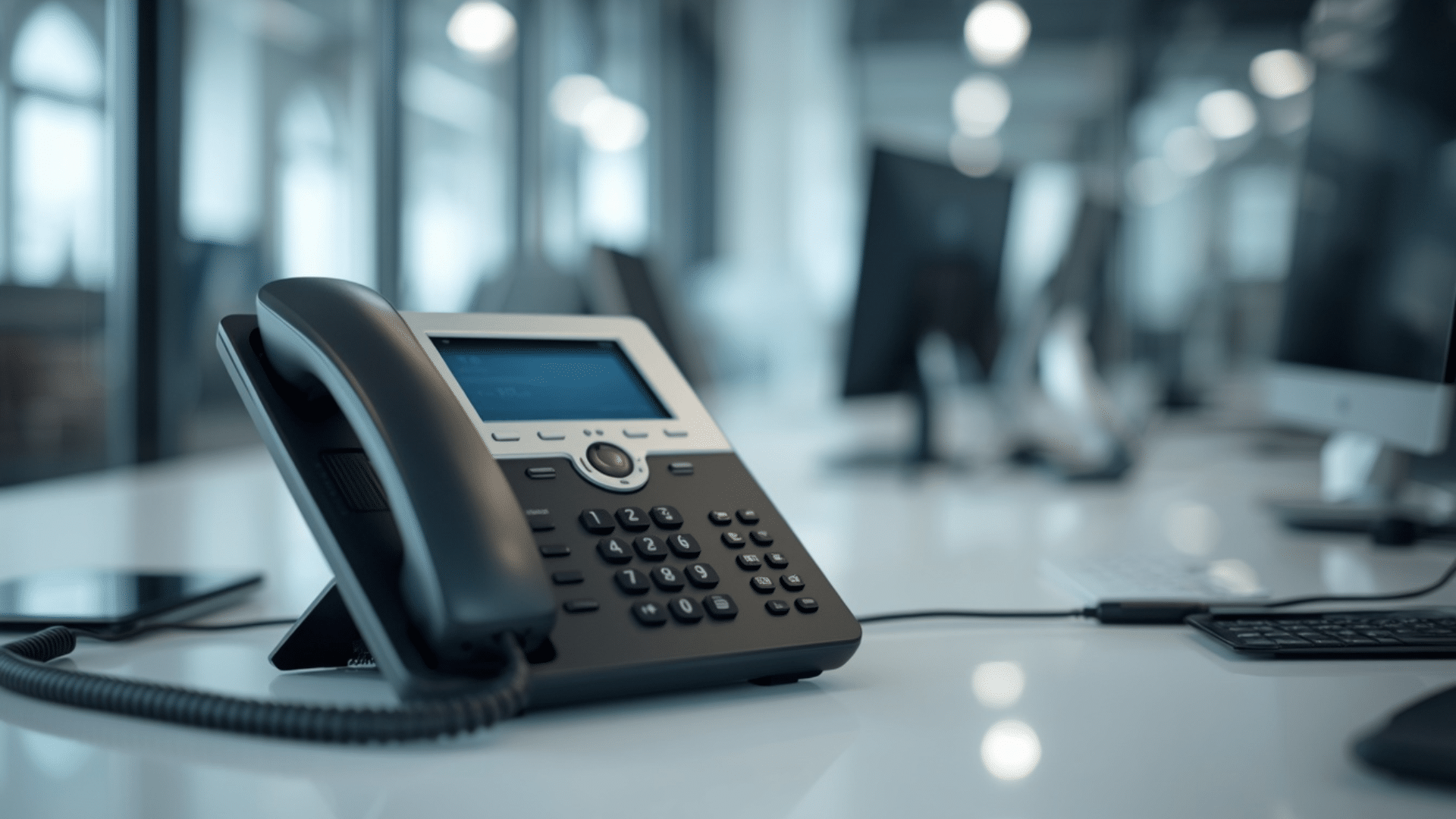 voip desk phone connected by cable on office workstation with computers in a modern business