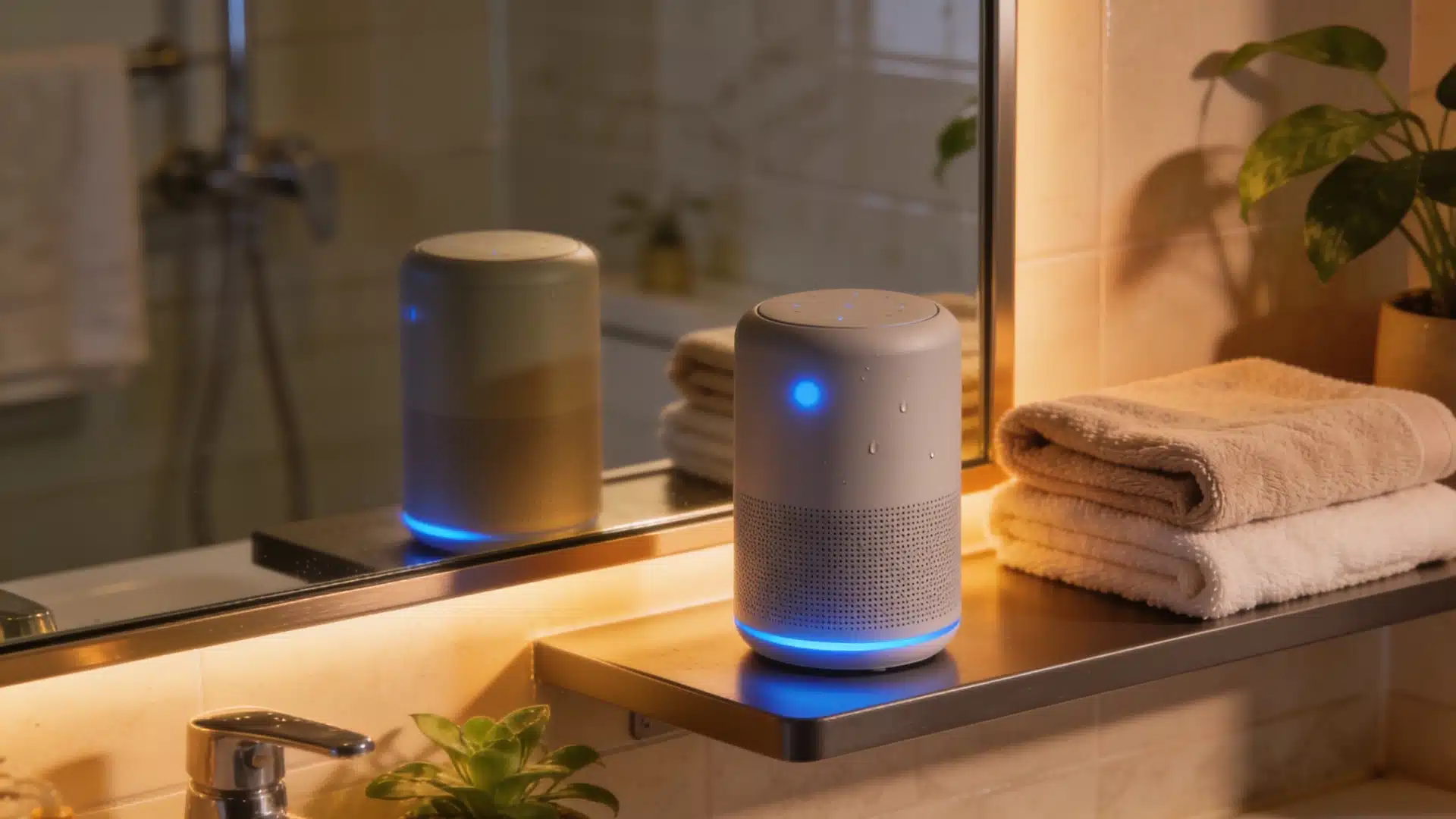 _Waterproof smart speaker with indicator light on a bathroom shelf near the vanity in a warm-lit bathroom