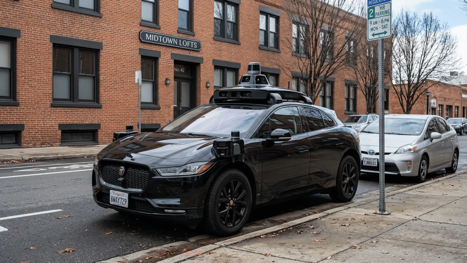 Waymo autonomous vehicle parked on a city street, showcasing sensors and self-driving technology setup