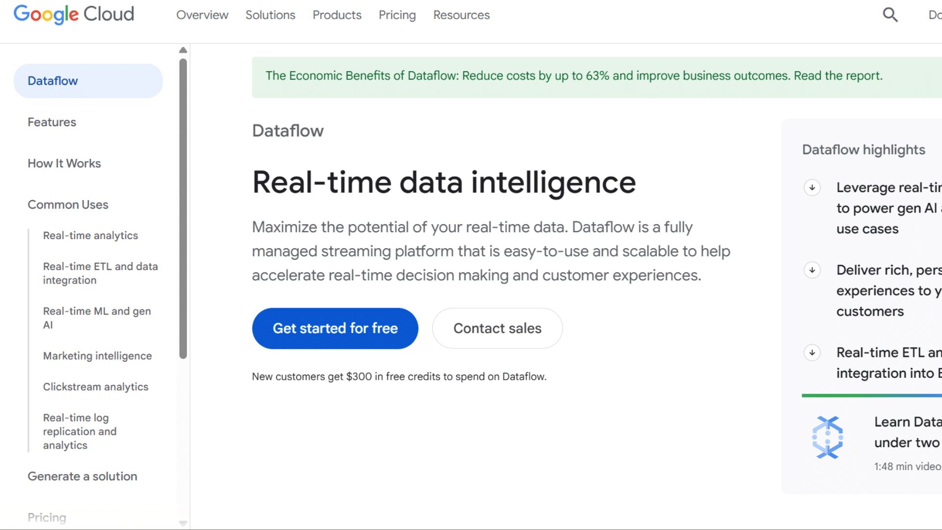 web interface of product google cloud page