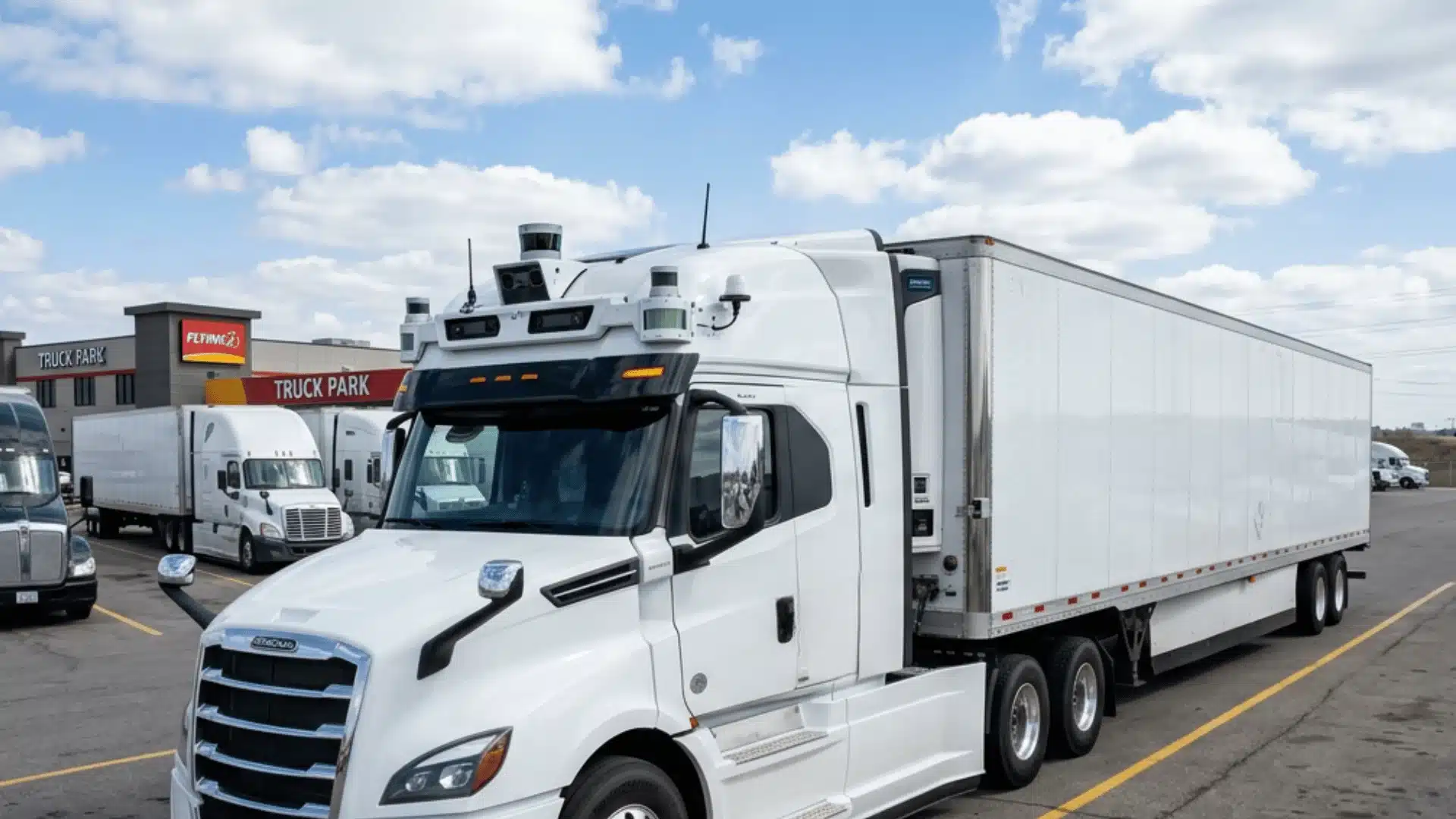 White autonomous semi truck with rooftop sensors parked in truck yard, other trucks and depot background