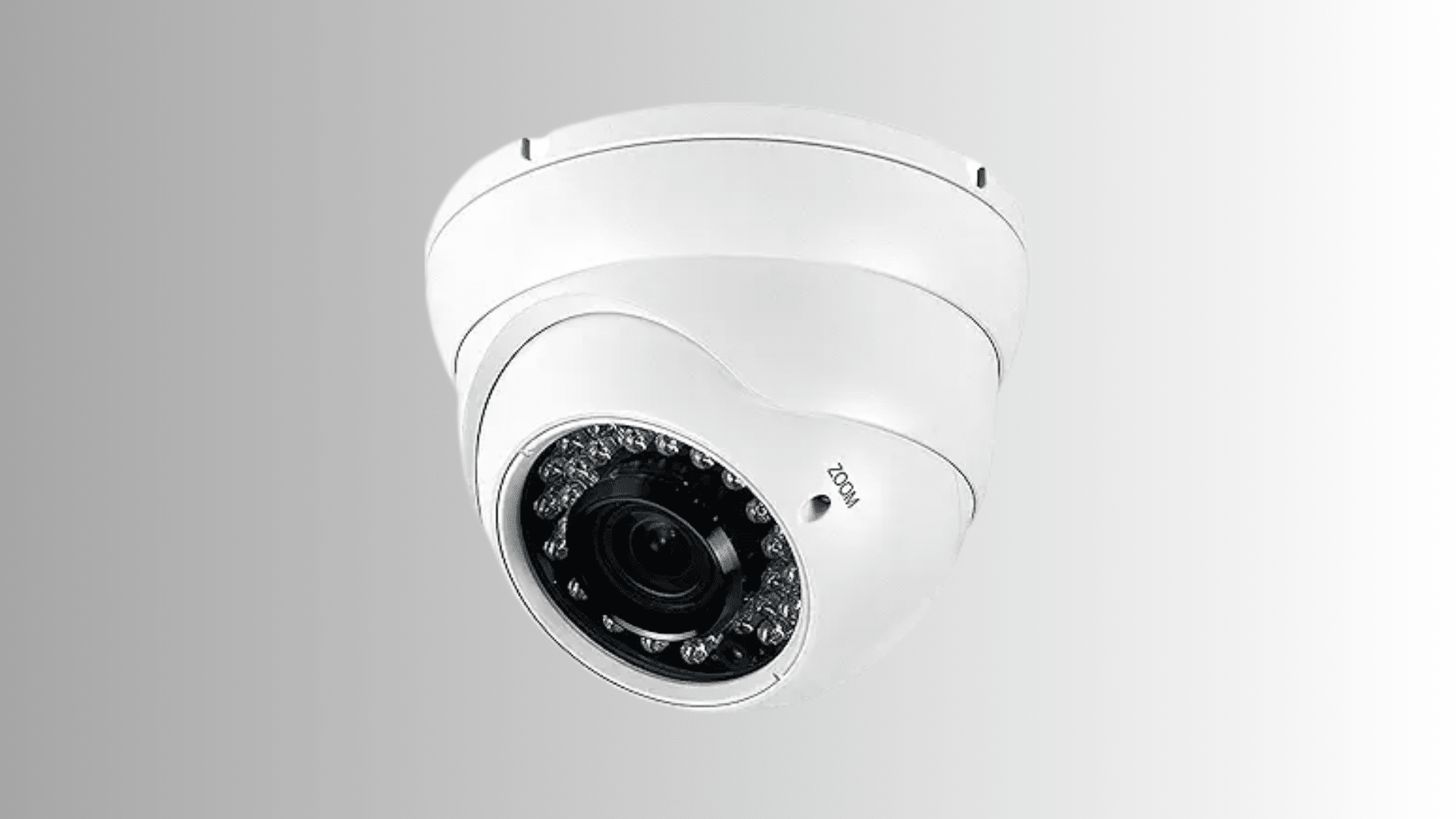 white dome security camera with infrared lights and zoom lens on a gray background