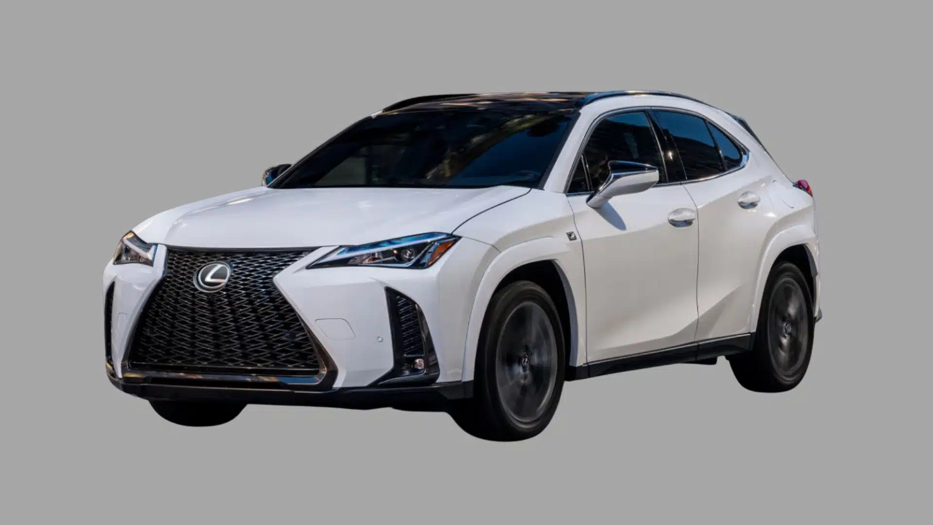 White Lexus UX compact luxury SUV shown in angled front view with signature spindle grille on gray background