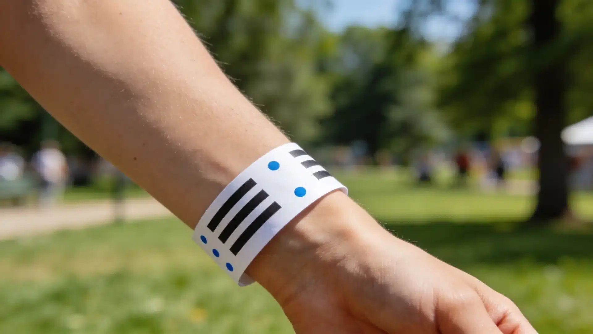 White paper event wristband with black stripes and blue dots worn on a person's wrist at an outdoor daytime event in a park