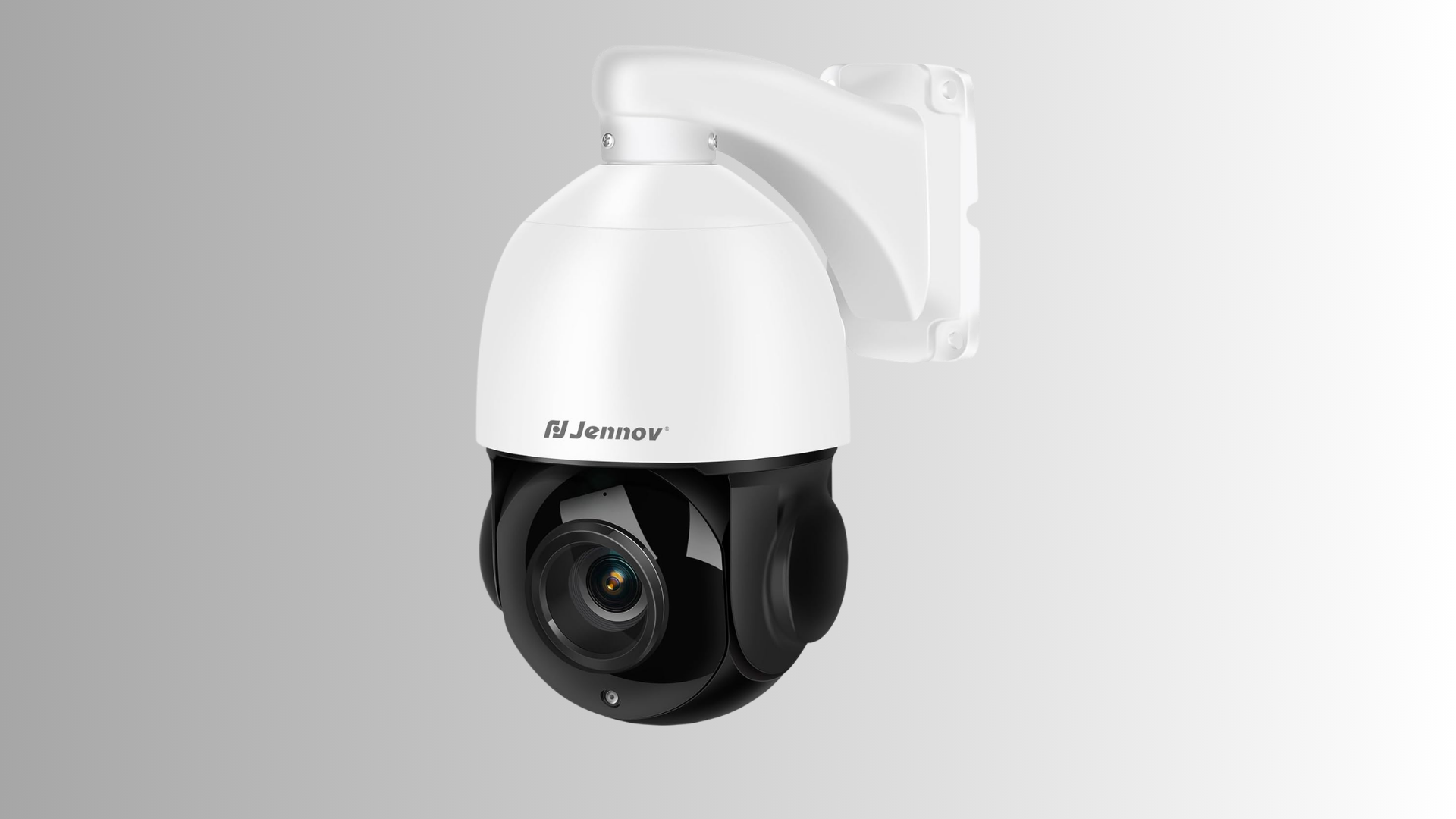 white ptz security camera with wall bracket and black rotating lens housing
