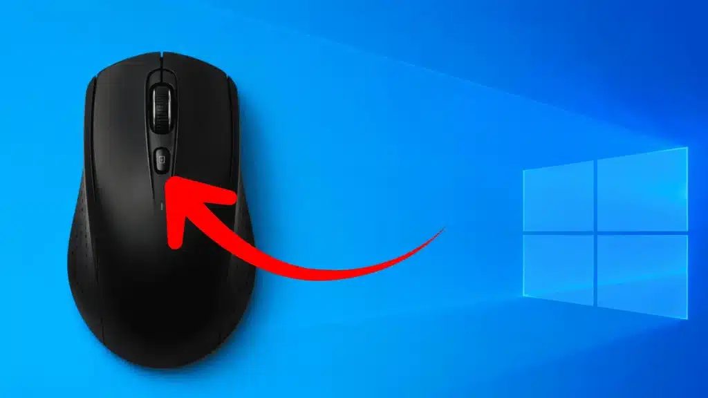 Wireless computer mouse showing the DPI button highlighted with a red arrow on a Windows desktop background