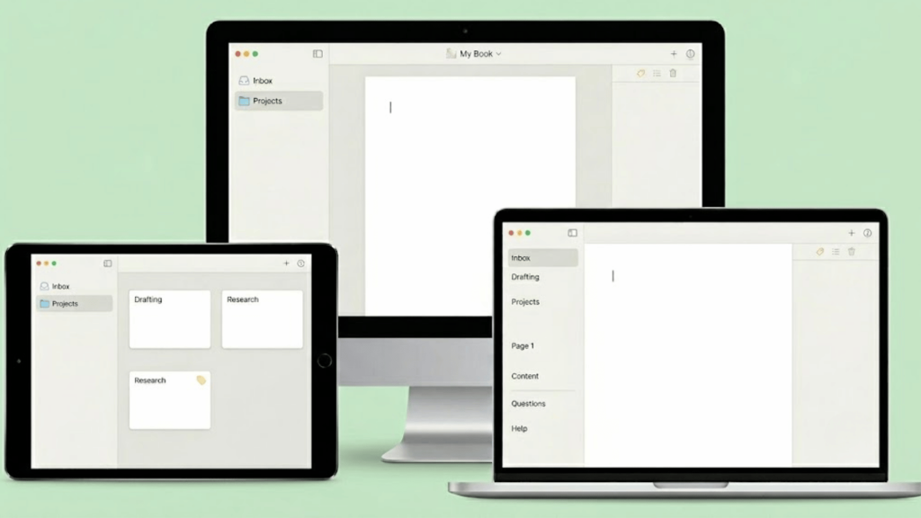 writing software interface displayed across desktop laptop and tablet with project organization and drafting workspace for authors