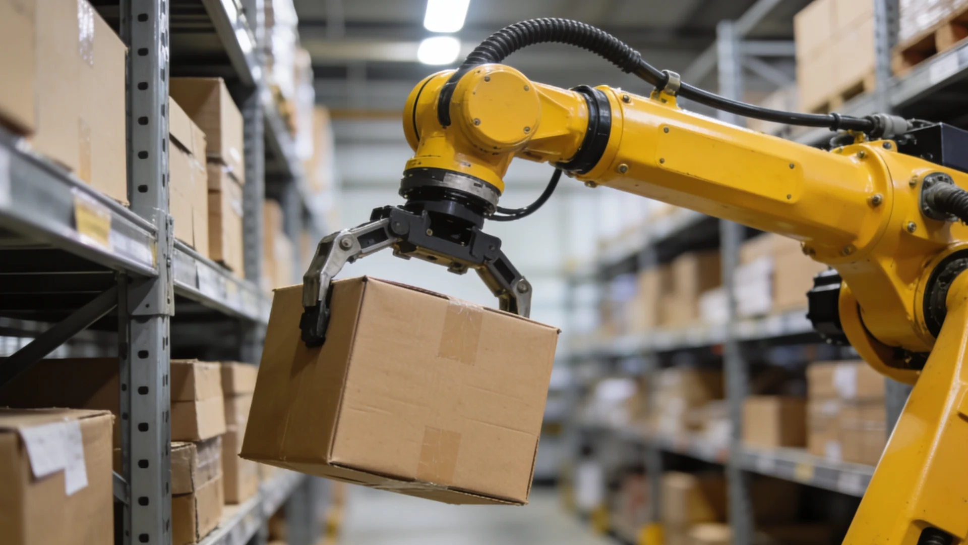Yellow robotic arm picking cardboard box from warehouse shelf in automated storage system
