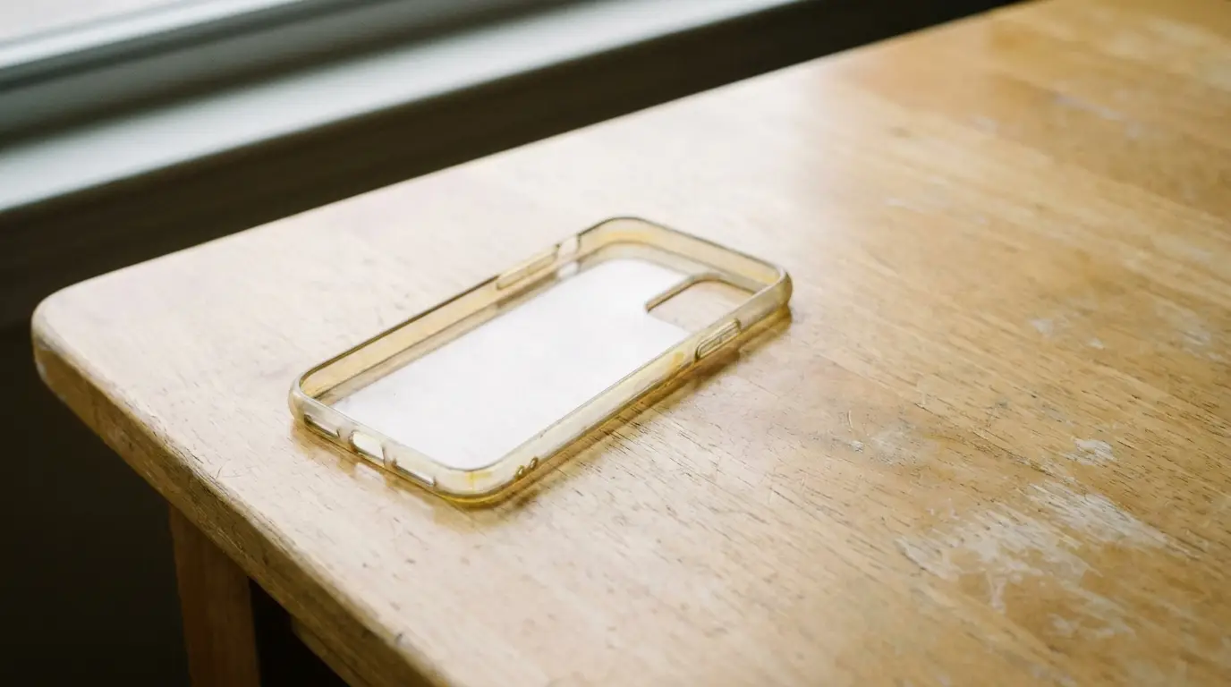 Transparent phone case lying on wooden table near window in natural light
