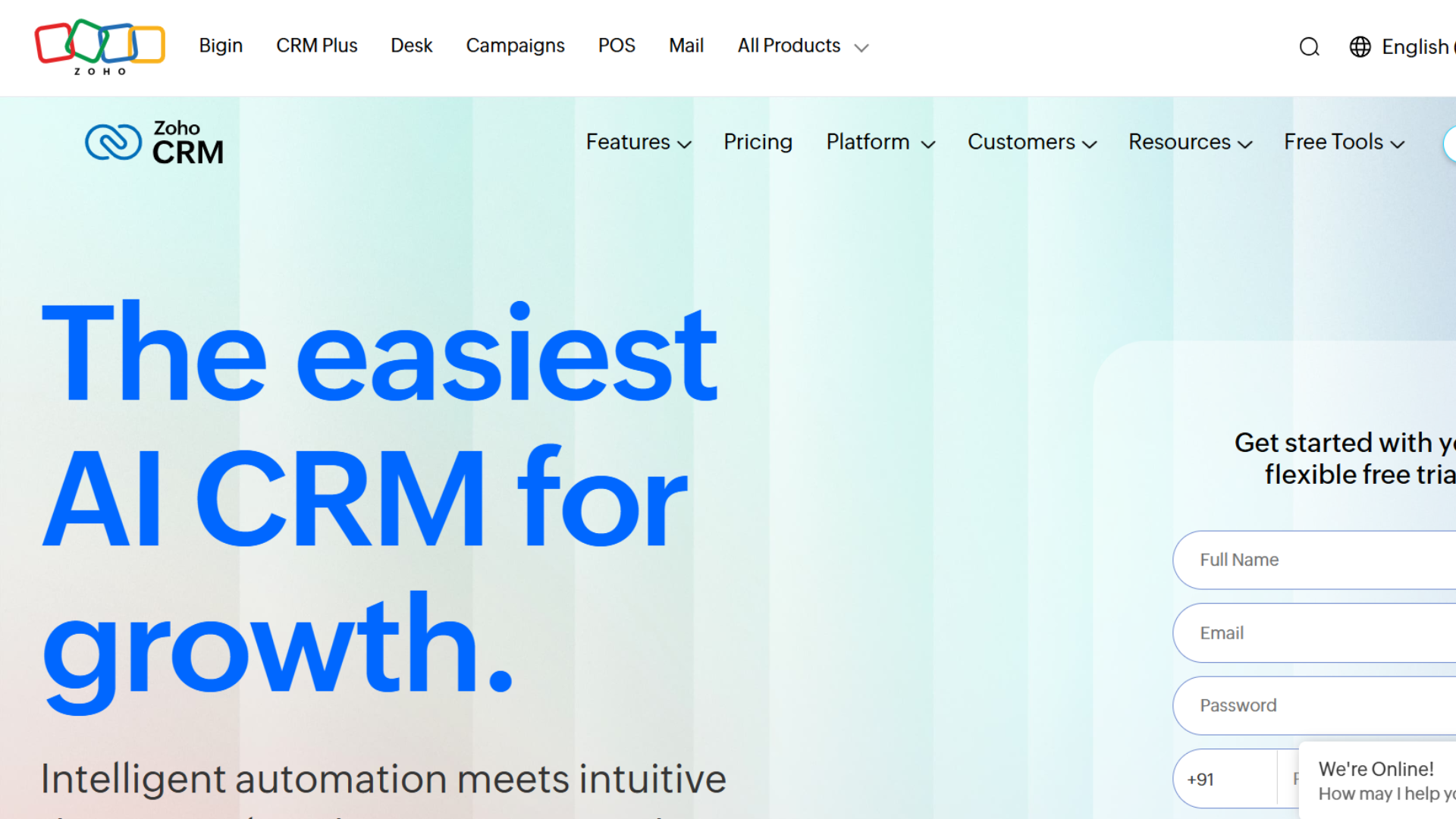zoho crm homepage promoting ai powered crm software for business growth