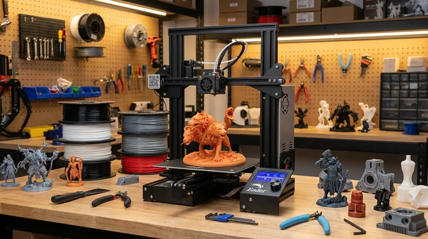 3d printer producing a plastic prototype object on workshop table surrounded by tools realistic