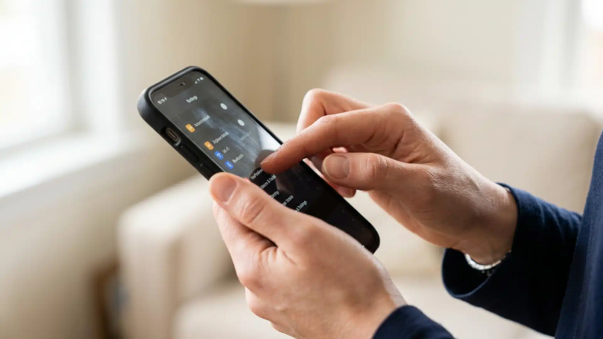 A close-up of a person's hands scrolling through the settings menu on a black smartphone screen indoors