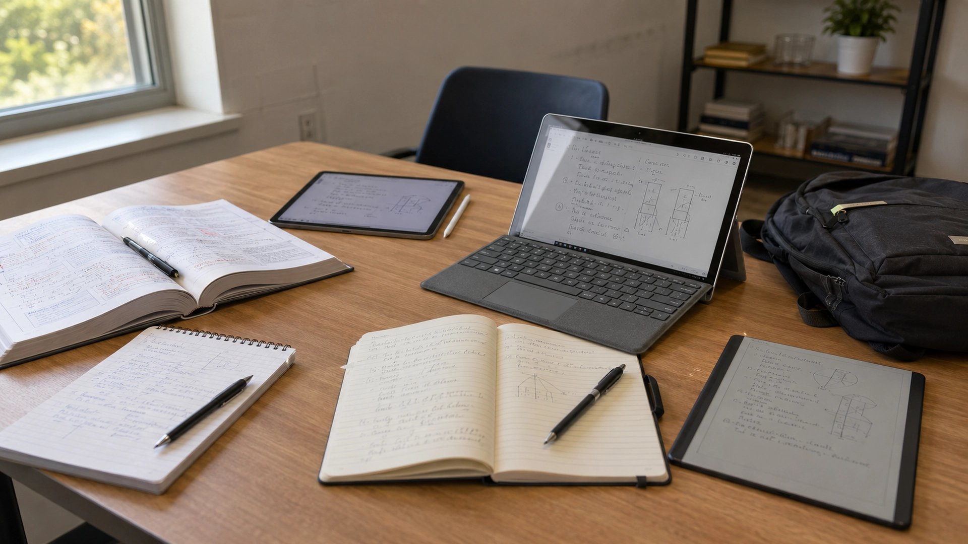 A desk with note taking devices unorganised with stationary
