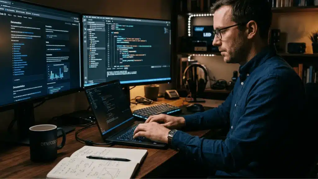 A focused programmer wearing glasses types on his laptop at a desk with two large computer monitors