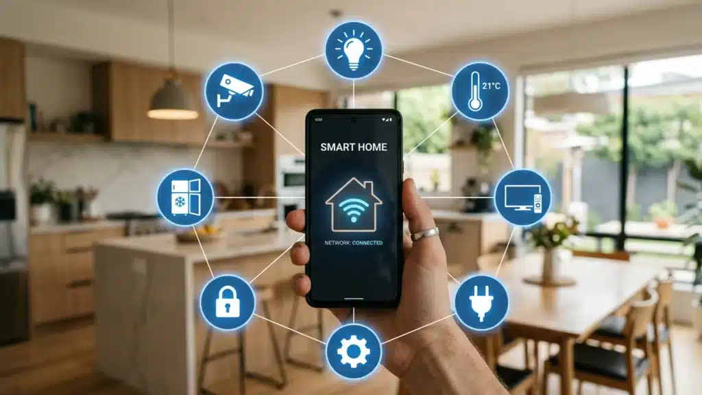 A hand holds a smartphone controlling smart home automation features inside a modern kitchen space
