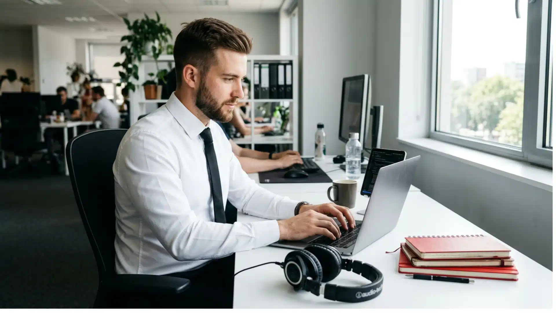 A man in a white shirt and black tie sits at an office desk typing on a laptop next to a stack of notebooks.