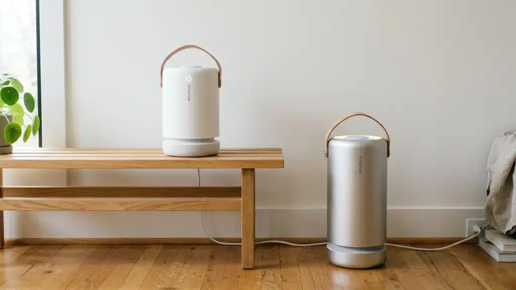 A minimalist indoor setting featuring two sleek, cylindrical Molekule air purifiers with leather handles